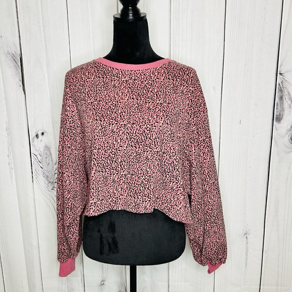 LE LIS Pink Animal Print Cropped Balloon Sleeve Pullover Sz L